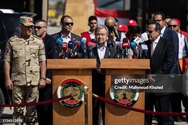 Antonio Guterres Secretary-General of the United Nations speaks during a press conference in front of the Rafah border crossing on October 20, 2023...