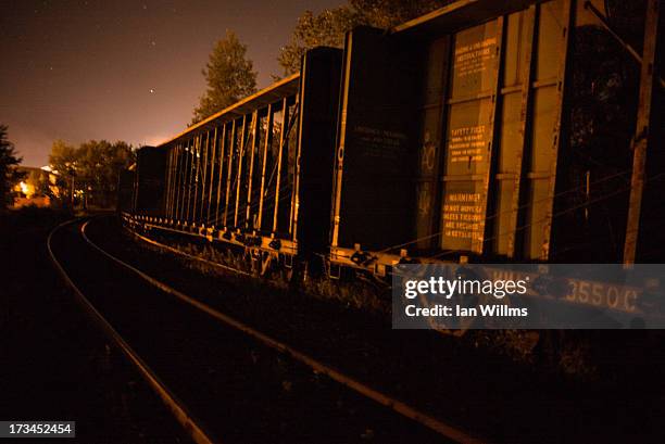 Freight train cars lay idle on the railway tracks on the outskirts on July 13, 2013 in Lac-Megantic, Quebec, Canada. A train derailed and exploded...