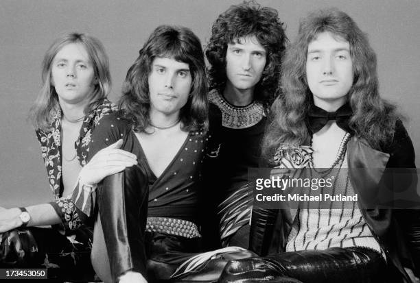 British rock band Queen, London, 1973. Left to right: drummer Roger Taylor, singer Freddie Mercury , guitarist Brian May, and bassist John Deacon.