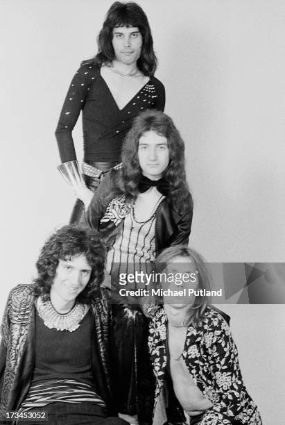 British rock band Queen, London, 1973. Left to right: guitarist Brian May, singer Freddie Mercury , bassist John Deacon and drummer Roger Taylor.