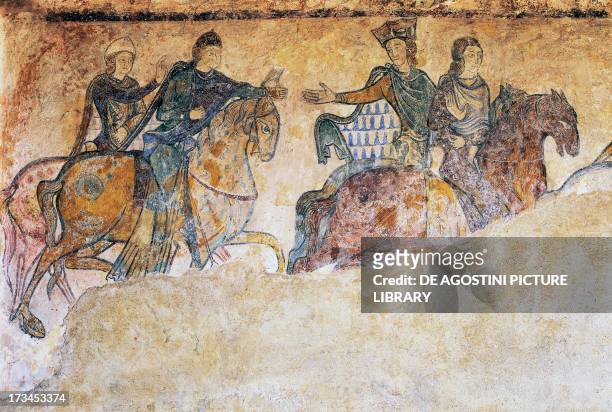 Isabella of Angouleme, Eleanor of Aquitaine and two Squires , fresco, Chapel of St Radegund, Chinon, Centre, France. Detail.