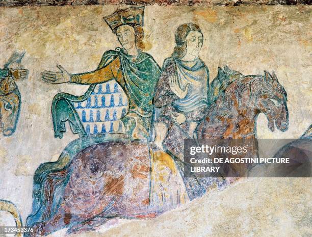 Isabella of Angouleme, Eleanor of Aquitaine , fresco, Chapel of St Radegund, Chinon, Centre, France. Detail.