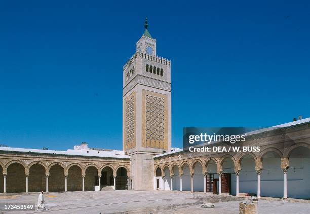 Courtyard with minaret, Al-Zaytuna Mosque , Tunis medina , Tunis Governorate, Tunisia.