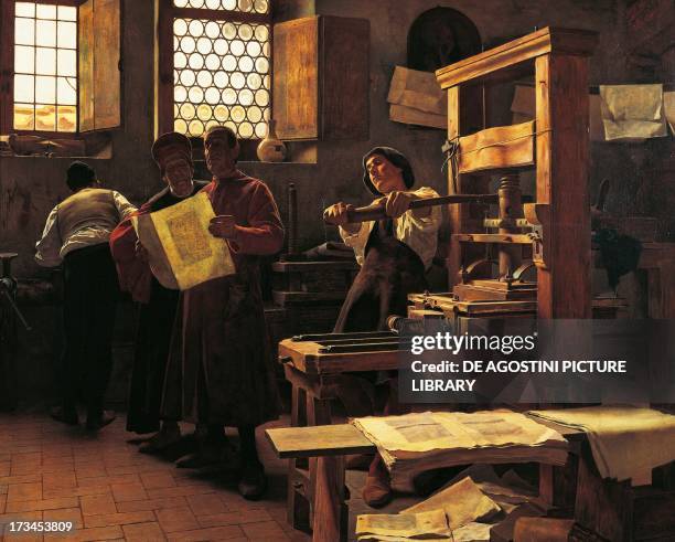 The printer Bernardo Cennini in his workshop by Tito Lessi , oil on canvas. Italy, 20th century. Rome, Galleria Nazionale D'Arte Moderna