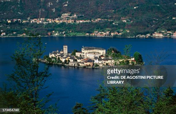 View of San Giulio Island, Lake Orta, Piedmont, Italy.