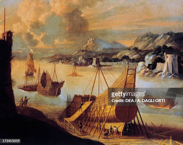 Ships under construction in the port of Livorno, oil on canvas, by Agostino Tassi, Italy, 17th century. Genoa Pegli, Civico Museo Navale