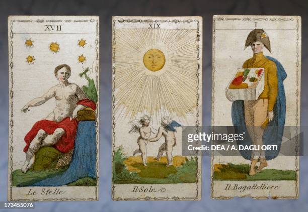 Tarot neoclassical Ferdinand Gumppenberg, hand-painted etchings. Italy, 19th century.