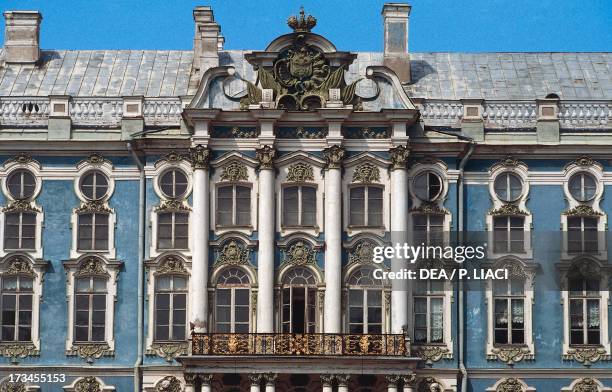 Facade of the Catherine Palace , design by Bartolomeo Francesco Rastrelli , Tsarskoye Selo museum complex , Pushkin, near St Petersburg, Northwestern...