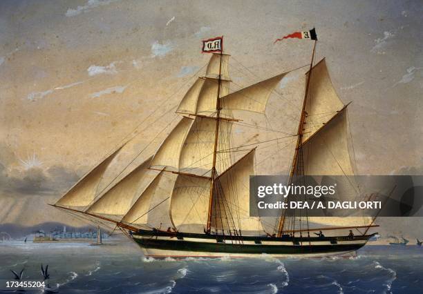 Barquentine with the flag of the Holy Land oil on canvas by Louis Renault. Genoa Pegli, Civico Museo Navale