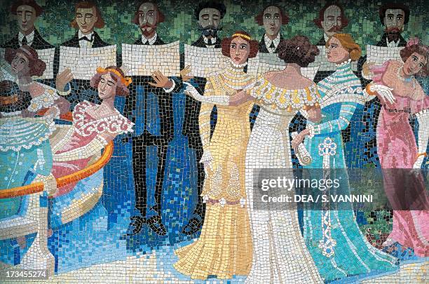 Male choir and women in evening dress, mosaic on the facade of the Palace of Catalan Music , Barcelona, Catalonia, Spain.