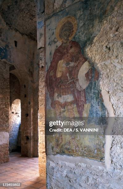 Holy warrior, fresco in the Church of StTheodore , Mistra , Peloponnese, Greece.