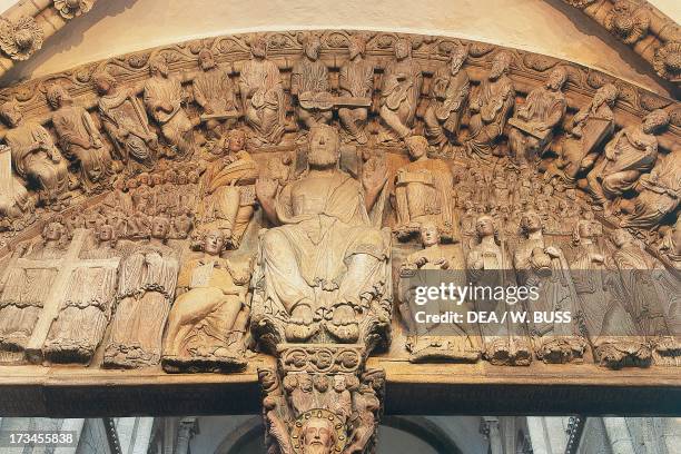 Christ in Majesty surrounded by evangelists, angels and the souls of the righteous, Portico of Glory , Cathedral of Santiago de Compostela, Santiago...