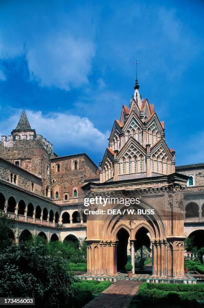 Mudejar style Temple in the cloister of the Royal Monastery of St Mary of Guadalupe , Guadalupe, Extremadura, Spain.