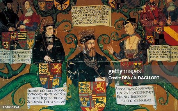 Frederick I of Oldenburg and his wife Anna of Brandenburg with their son Christian III , detail from the family tree of the House of Denmark, Nyborg...