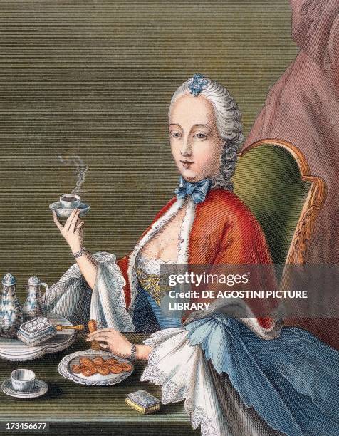Lady pouring coffee, 1700-1740. Engraving, Germany, 18th century. Paris, Bibliothèque Des Arts Decoratifs