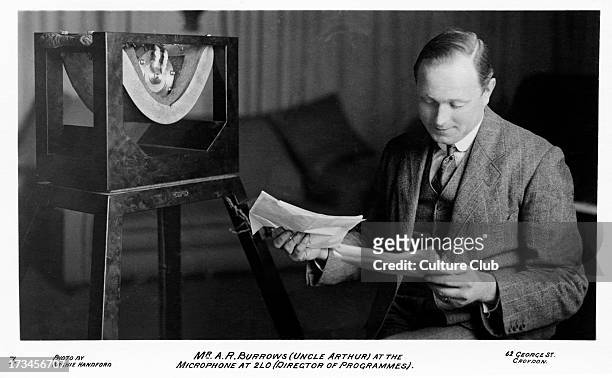 Arthur Burrows at the microphone broadcasting for 2LO. Director of Programmes for British Broadcasting Corporation . Also known as Uncle Arthur. 2LO,...