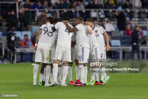 Galaxy huddle during a game between Los Angeles FC and Minnesota United FC at Allianz Field on October 7, 2023 in St. Paul, Minnesota.