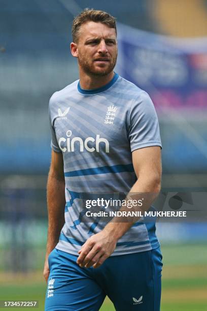 England's Joss Butler attends a training session at the Wankhede stadium in Mumbai on October 20, 2023 ahead of their 2023 ICC Men's Cricket World...