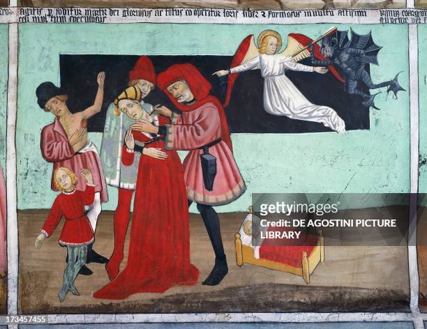Doctor treating plague victims, Saint Sebastian's life , frescoes, Chapel of St Sebastian, Villard-de-Lans, Rhone-Alpes, France. Detail.