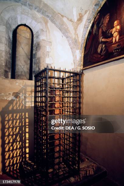 Column within the railing, red marble, crypt, Basilica di San Nicola, Bari, Puglia. Italy, 12th century.