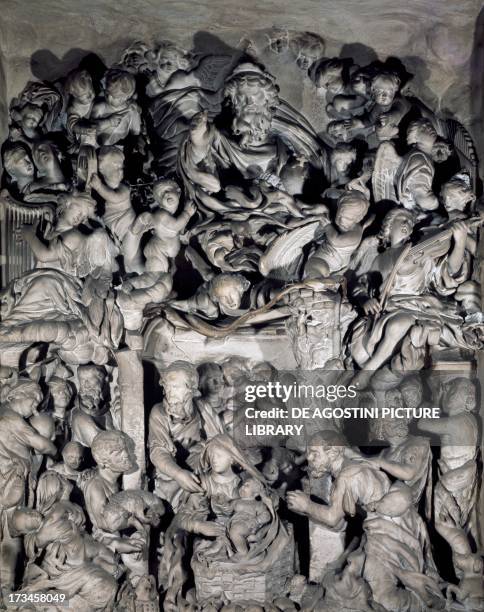 Nativity, by Francesco Grassia , marble relief, Saint Ildefonso and Saint Thomas de Villanova church, Rome, Lazio. Italy, 17th century.