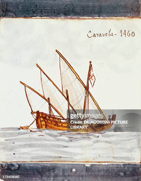 Fifteenth-century caravel, azulejos tile decoration from Sagres, Portugal. Madrid, Museo Naval