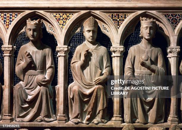 Saint Louis of Toulouse, Charles Martel and Renato D'Anjou, detail from the relief decoration on the Tomb of Mary of Hungary, ca 1325, by Tino di...