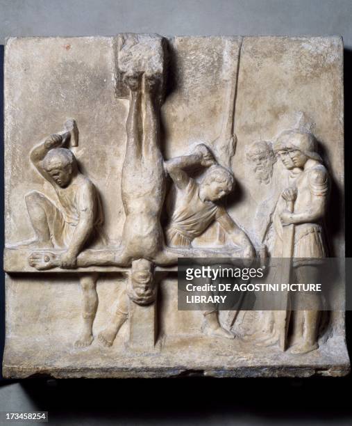 Crucifixion of St Peter by Luca della Robbia , marble relief, 69x78 cm. Italy, 15th century. Florence, Museo Nazionale Del Bargello