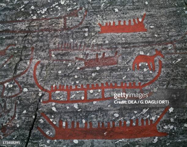 Boats, engraving on stone dating back to the Bronze Age, Tanum, Sweden.