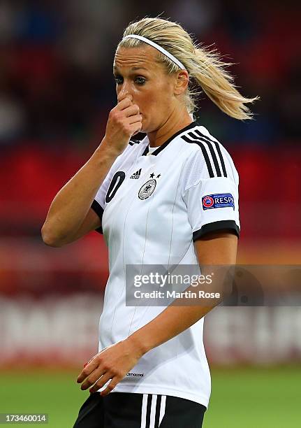 Lena Goessling of Germany reacts during the UEFA Women's Euro 2013 group B match between Iceland and Germany at Vaxjo Arena on July 14, 2013 in...