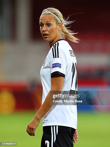 Lena Goessling of Germany reacts during the UEFA Women's Euro 2013 group B match between Iceland and Germany at Vaxjo Arena on July 14, 2013 in...