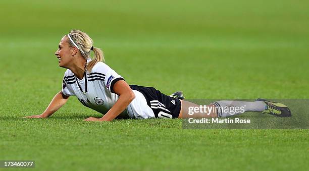 Lena Goessling of Germany reacts during the UEFA Women's Euro 2013 group B match between Iceland and Germany at Vaxjo Arena on July 14, 2013 in...