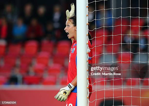 Gudbjoerg Gunnarsdottir, goalkeeper of Iceland reacts during the UEFA Women's Euro 2013 group B match between Iceland and Germany at Vaxjo Arena on...