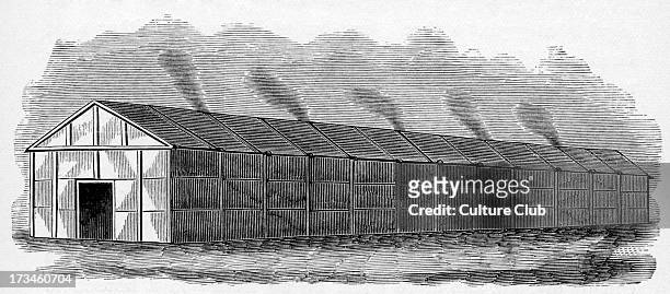 An Iroquois longhouse. These were made of sharpened poles, with strips of bark woven horizontally between them to form weatherproof walls. Roofing...
