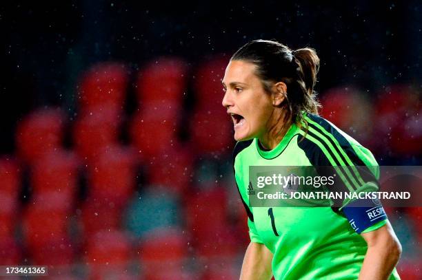 Germany's goalkeeper Nadine Angerer reacts during the UEFA Women's European Championship Euro 2013 group B football match Iceland vs Germany on July...