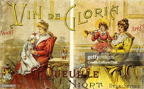 French advertisement for Vin de Gloria. Manufactured by G. Queuille, Niort, Deux-Sèvres, France. Shows a before drinking and after drinking picture...