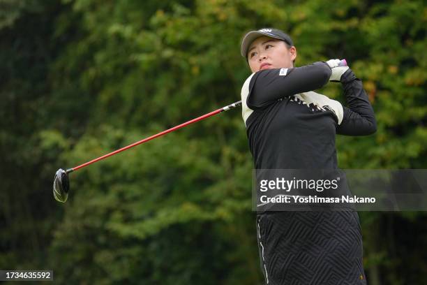 Hiroko Azuma of Japan hits her tee shot on the 5th hole during the second round of Udon-Ken Ladies Golf Tournament at Mannou Hills Country Club on...