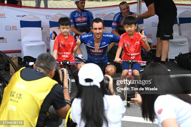 Dries De Bondt of Belgium and Team Alpecin-Deceuninck - Blue Sprint Jersey meets the fans at start prior to the 4th Gree-Tour of Guangxi 2023, Stage...