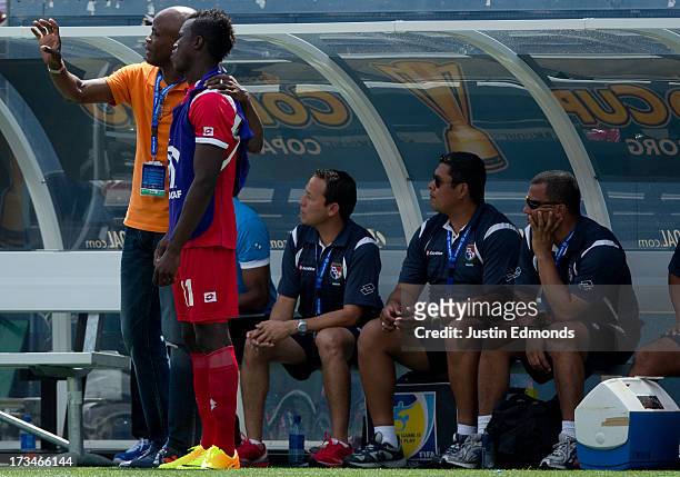 Head Coach Julio Cesar Dely Valdes of Panama talk with Cecilio Waterman of Panama during the second half of a CONCACAF Gold Cup match against Canada...