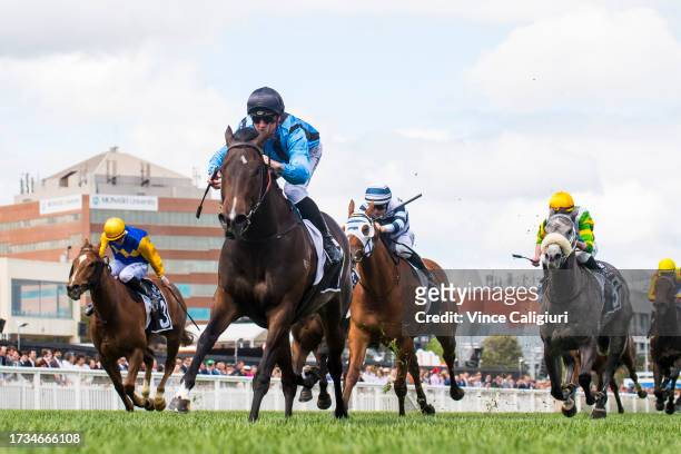 Mitchell Aitken riding Asfoora winning Race 5, the Metcap Finance Schillaci Stake, during Melbourne Racing at Caulfield Racecourse on October 14,...
