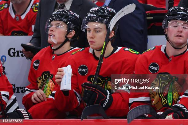 Connor Bedard of the Chicago Blackhawks looks on against the Minnesota Wild during the third period of a preseason game at the United Center on...