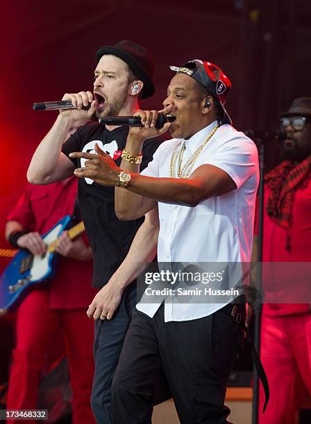 Justin Timberlake and Jay-Z perform on the main stage on day 3 of the Yahoo! Wireless Festival at Queen Elizabeth Olympic Park on July 14, 2013 in...