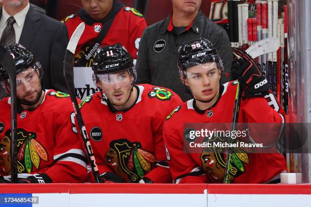 Taylor Raddysh and Connor Bedard of the Chicago Blackhawks look on against the Minnesota Wild during the second period of a preseason game at the...