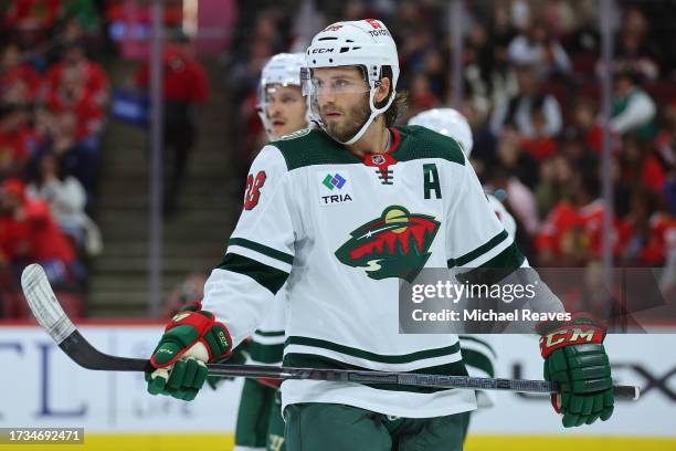 Ryan Hartman of the Minnesota Wild looks on against the Chicago Blackhawks during the second period of a preseason game at the United Center on...