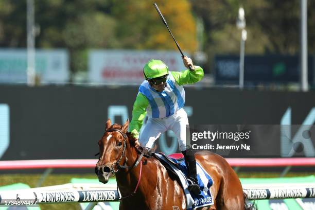 Tyler Schiller riding Front Page wins Race 5 The Kosciuszko during Sydney Racing - TAB Everest Day at Royal Randwick Racecourse on October 14, 2023...