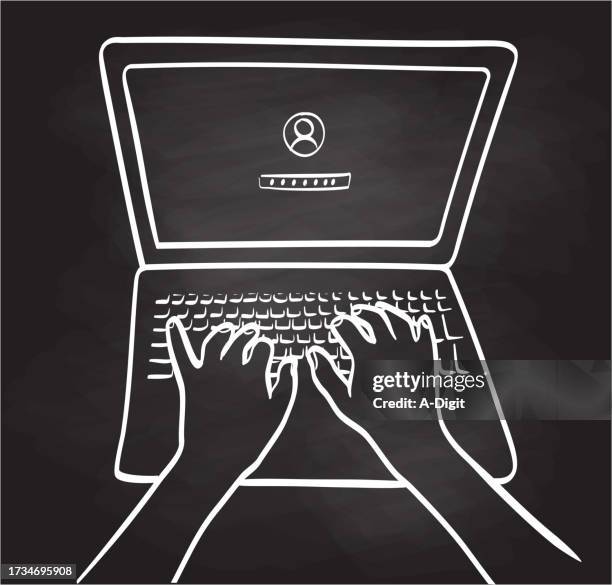 hands on laptop computer blackboard - hands typing on computer stock illustrations