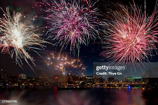 4th of July 2011 Independence Day Fireworks display along Willamette River waterfront with Portland Oregon USA downtown city skyline and Hawthorne...