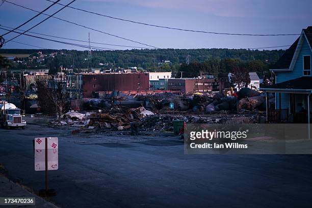The "red zone" crash site, on July 14, 2013 in Lac-Megantic, Quebec, Canada. A train derailed and exploded into a massive fire that flattened dozens...