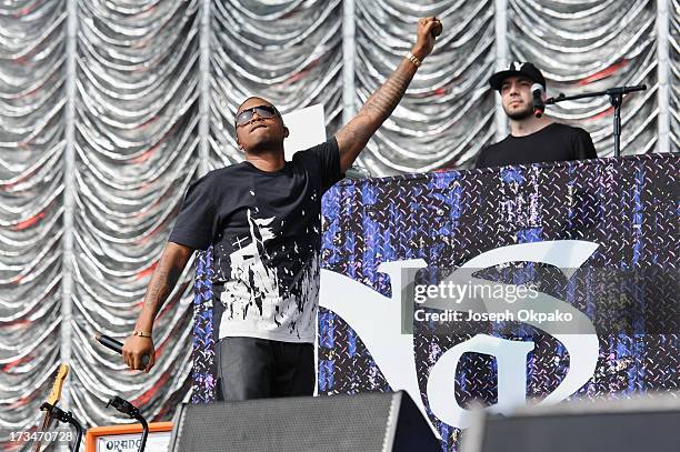 Nas performs on day 3 of the Yahoo! Wireless Festival at Queen Elizabeth Olympic Park on July 14, 2013 in London, England.