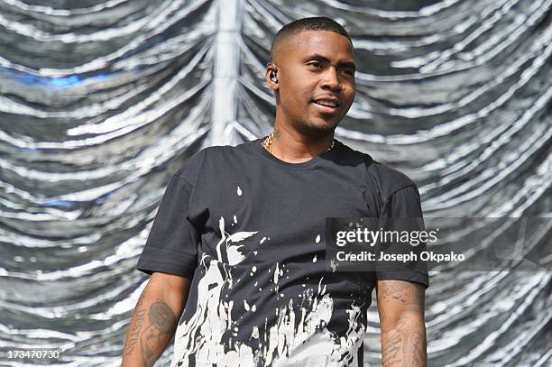 Nas performs on day 3 of the Yahoo! Wireless Festival at Queen Elizabeth Olympic Park on July 14, 2013 in London, England.